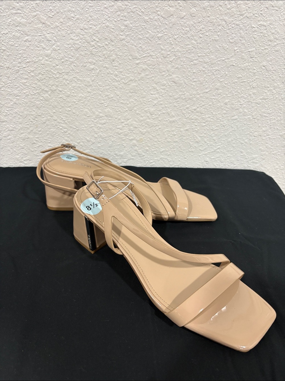 Calvin Klein Nude Patent Low Block Heel Sandals